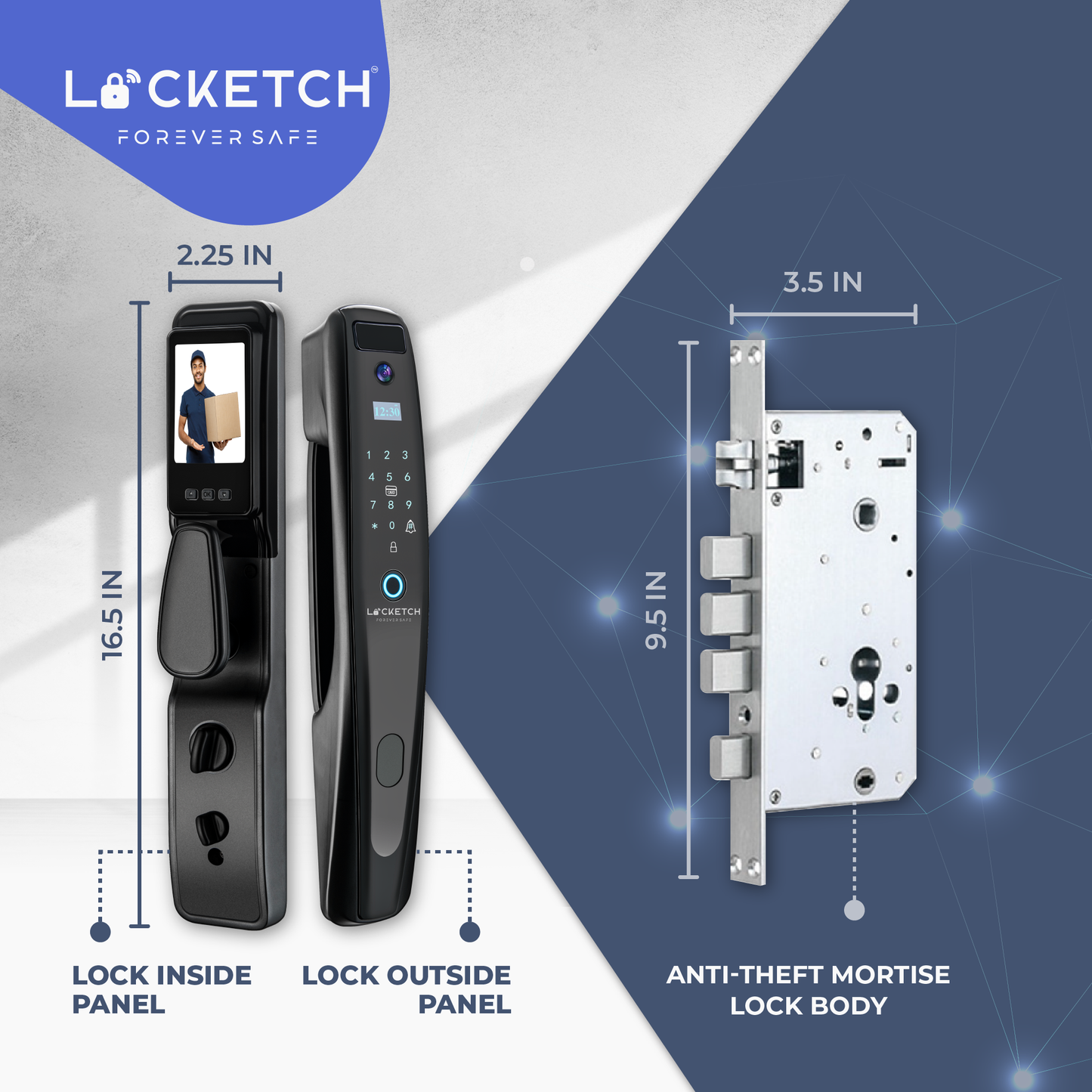 Locketch Night Vision Camera Smart Door Lock & Doorbell for Homes 5-In-1 Keyless Smart Door Lock with Camera Featuring App & NFC – Wi-Fi Connection